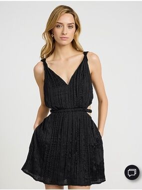SATIN TEXTURED PRINTED V-NECK CUTOUT MINI DRESS WITH POCKETS